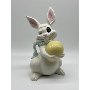 Vintage Winking Easter Bunny With Egg Hand Painted Ceramic 1960s Atlantic Mold
